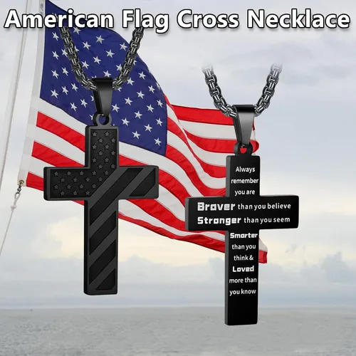 Miniatura 5 de Collar con cruz de bandera estadounidense para niños, cadena de caja de acero inoxidable de 22 + 2 pulgadas, colgante de cruz inspirador