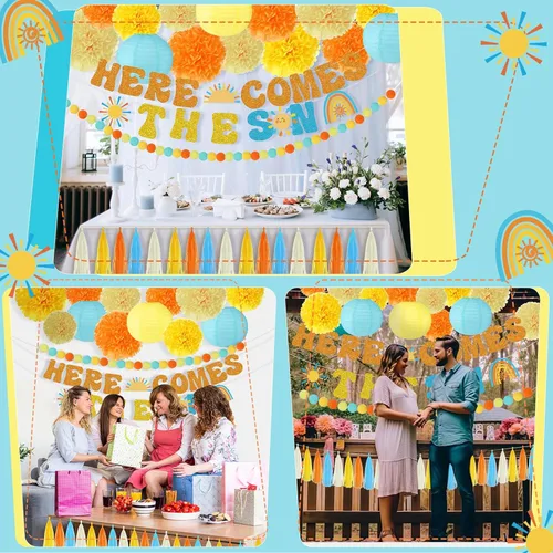Miniatura 6 de TaoBary Banner de ducha con temática de «Here Comes The Sun» «Here Comes The Son» para baby shower, con pompones de seda, farol de papel, bohemio