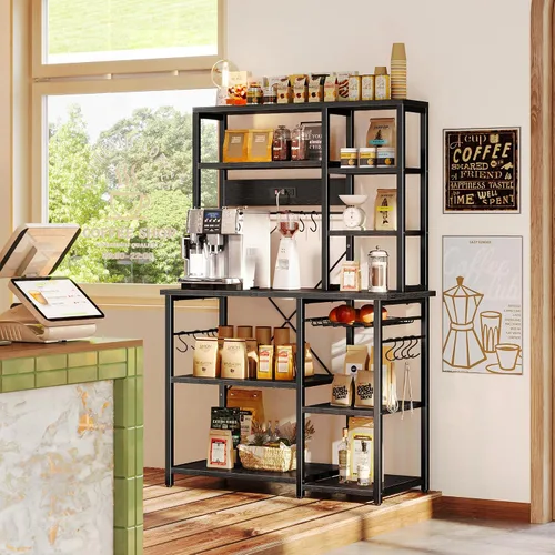 Miniatura 6 de SUPERJARE Estante grande de panadería con tomas de corriente, soporte para microondas de 6 niveles, barra de café con 12 ganchos en forma de S