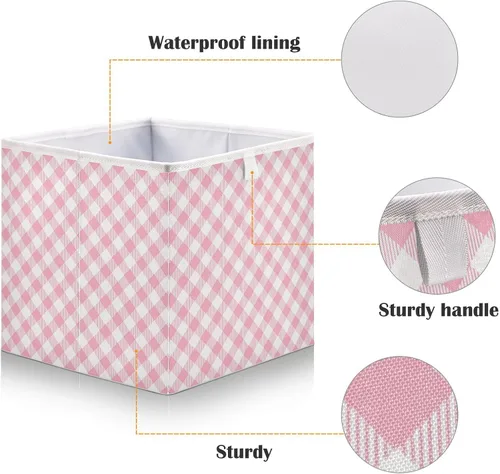 Miniatura 4 de Cesta de almacenamiento plegable de cuadros rosa de 11 x 11 x 11 pulgadas, cubo de almacenamiento para decoración del hogar, cesta de almacenamiento