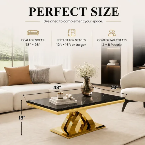 Miniatura 2 de AUZ Mesa auxiliar negra y dorada de 48 pulgadas, mesa central rectangular de lujo con base de metal pulido en forma de X para sala de estar, oficina