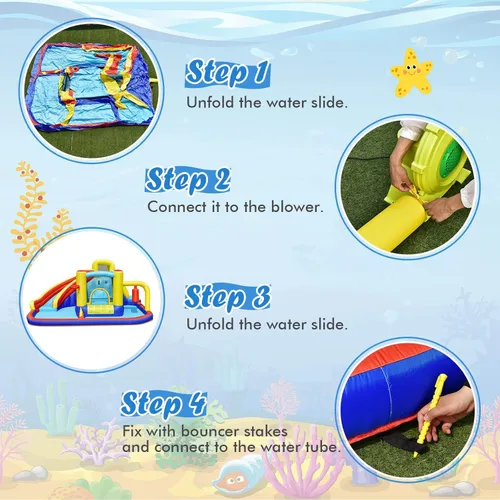 Miniatura 6 de BOUNTECH Tobogán acuático inflable, castillo de salto de parque acuático 6 en 1 para niños con 2 piscinas de salpicaduras, boxeo, toboganes