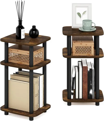 Miniatura 23 de Furinno JUST - Mesita lateral de 3 niveles con tubo giratorio N, estante abierto, mesita de noche con esquina curva redonda, mesita de cama, fácil