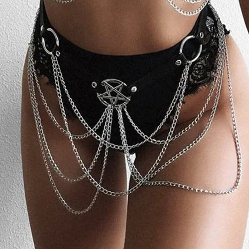 Miniatura 6 de Asooll Cinturón de cuero punk, cadena de cintura negra, cadena de cuero de moda, joyería de cintura de cuero, bikini, playa, club, fiesta