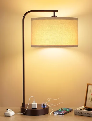 Miniatura 14 de Innqoo Lámpara de mesa alta con puerto USB y tomacorriente, lámparas de mesita de noche regulables con pantalla de lino, lámpara de escritorio