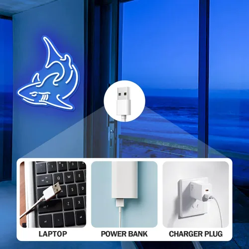 Miniatura 6 de Letrero de neón de tiburón, luces de neón azules para decoración de pared, letrero de neón LED de tiburón, letreros de neón regulables