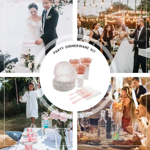 Miniatura 5 de AIRE 175 piezas de platos de papel blancos y dorados para 25 invitados, suministros de fiesta, decoraciones para fiestas, vajilla, platos de papel