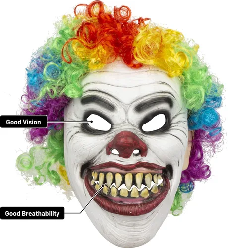 Miniatura 4 de PartyHop Máscara de payaso con peluca de látex de mandíbula móvil de cabeza completa, máscara de terror aterrador, vestido elegante para Halloween