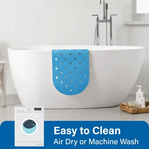 Miniatura 7 de Tapete de Goma para Bañera Tapete de Ducha Antideslizante, 31x14 Pulgadas, Tapete de Piso de Bañera con Ventosas y Orificios de Drenaje, Azul
