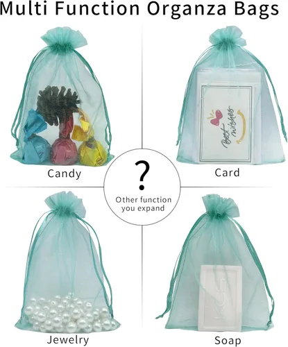 Miniatura 5 de Jexila 100 bolsas de organza verde azulado transparente de 4''x6' pulgadas, pequeñas bolsas de regalo de joyería con cordón de malla para baby