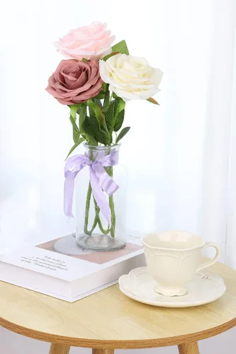 Miniatura 5 de Rosas artificiales, rosas artificiales, rosa falsa de seda, flores falsas de aspecto real con tallos para ramos de boda, mesas, centros de mesa