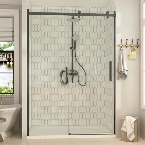 Miniatura 10 de Hasipu Puerta de ducha sin marco, doble corredera de acero inoxidable, 56-60 pulgadas de ancho x 72 pulgadas de alto, puerta de ducha con diseño