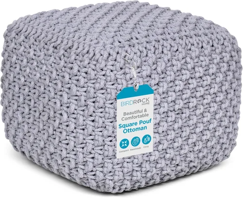 BIRDROCK HOME - Puf redondo otomano para los pies - Silla de piso con bolsa de frijoles tejida - Cordón de algodón trenzado - Ideal para la sala de