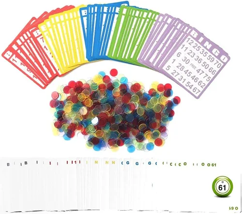 Yuanhe Juego de tarjetas de bingo: incluye 50 tarjetas de bingo, 500 fichas de bingo transparentes coloridas y baraja de tarjetas de llamada, ideal