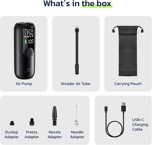 Miniatura 10 de Woowind LP1 Bike Pump Portable Air Compressor, Tire Inflator for Car, 1 Minute Inflation, 150PSI Air Pump for Car Tires, Bikes, Motorcycles, Balls