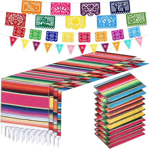 Miniatura 8 de Paquete de 10 caminos de mesa mexicanos de 14 x 84 pulgadas, 29 pancartas de papel picado, pancarta colgante de fiesta y banderín colorido para Rojo