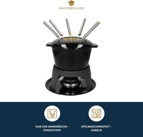 Miniatura 3 de MasterClass - Juego de fondue de hierro fundido, 8.3 x 7.1 in, para queso, chocolate y carne, esmalte recubierto con quemador y 6 tenedores