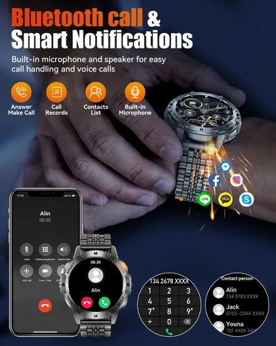 Miniatura 7 de Relojes inteligentes militares para hombres con llamada Bluetooth, reloj inteligente impermeable AMOLED de 1.43" con linterna, rastreador de fitness