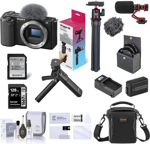 Sony ZV-E10 Cámara de Vlog sin espejo con lente de 0.630-1.969 in, color negro, paquete con kit de vlogger, tarjeta SD de 128 GB, bolsa de hombro,