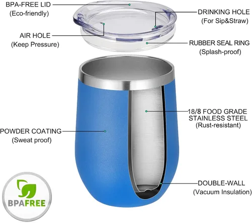 Miniatura 3 de VEGOND Vasos de Vino Paquete de 12, Vaso de Vino sin Tallo de Acero Inoxidable de 12 onzas con Tapas y Pajitas, Vaso Tumbler de Doble Pared con Azul