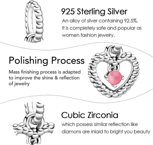 Miniatura 5 de Dijes de piedra natal de plata de ley 925 con dije de corazón para pulsera, collar, dije de feliz cumpleaños, cuentas colgantes de corazón