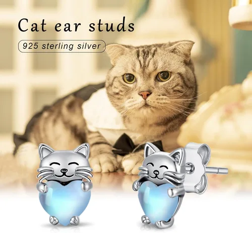 Miniatura 7 de Aretes de plata de ley 925 con diseño de gato, bonitos aretes de gato con diseño de gatito, joyería de regalo para mujeres y niñas, aretes