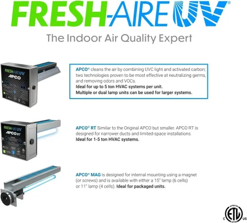 Miniatura 5 de APCO Filtro de matriz de carbono para purificador de aire UV HVAC, incluye lámpara UVC dual de 2 años para bobinas (Serie 120-277 VAC) #