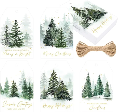 Miniatura 11 de joycraft 50 etiquetas de Feliz Navidad con cuerda - 3.3 x 2.1 pulgadas etiquetas blancas de papel con calcetín navideño, etiquetas colgantes