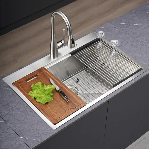 Miniatura 7 de PRUSSIA Fregadero de cocina de 33 pulgadas, 33 x 22 x 10 pulgadas, fregadero de acero inoxidable 304 calibre 16 de un solo tazón Fregadero Topmount