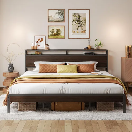 Miniatura 23 de LIKIMIO Marco de Cama King con Cabecero, Marco de Cama King de Madera Oscura con Soportes Fuertes, Resistente, Sin Ruido, No Necesita Somier, Nogal