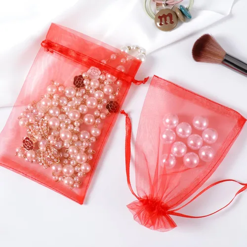 Miniatura 3 de Hopttreely 100 bolsas de organza transparente, bolsas de regalo de joyería roja, bolsas de regalo de boda de Navidad de 4 x 6 pulgadas con cordón