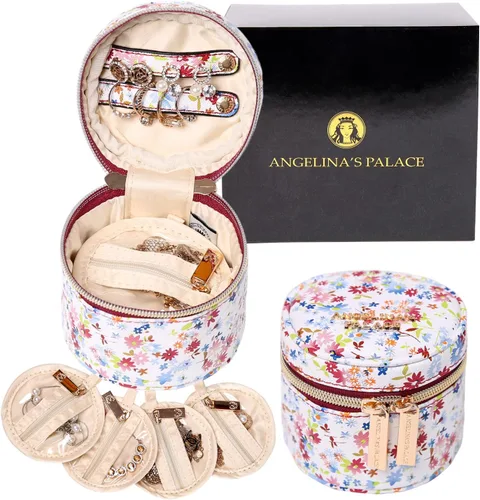 Angelina's Palace Estuche organizador de joyas redondo, bolsa de viaje, regalos de dama de honor, caja de cuero vegano para collar, aretes, pulsera,