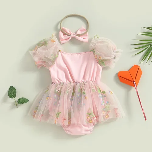 Miniatura 25 de Mameluco para bebés y niñas de 3, 6, 9, 12, 18 meses, enterizo de manga corta, fruncido, faldas y dobladillo, diadema