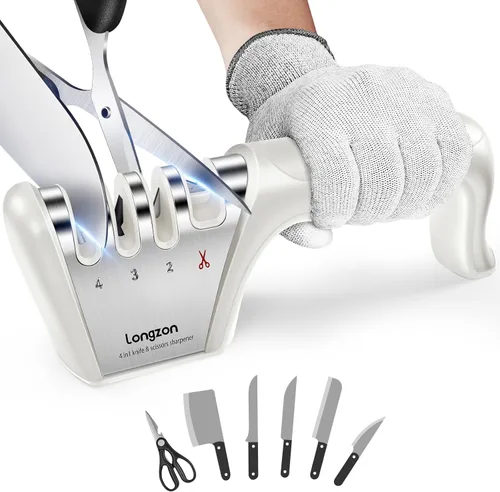 Miniatura 11 de Longzon Afilador de cuchillos 5 en 1 de 4 etapas con guante resistente a cortes, afila y restaura rápidamente las cuchillas sin filo, fácil y seguro