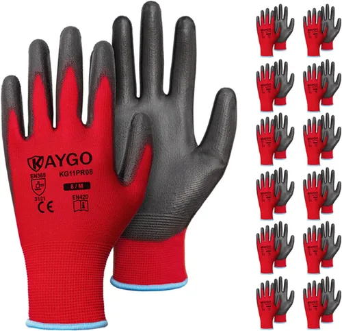 Miniatura 97 de KAYGO KG11PB - Guantes de seguridad con revestimiento delgado de poliuretano, tejido sin costuras, agarre suave en palma y dedos, para trabajo Verde