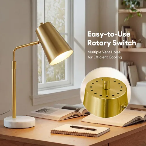 Miniatura 2 de VONLUCE Lámpara de escritorio dorada con bombilla LED ajustable, lámpara de mesa de metal de latón antiguo, base de mármol, lámpara de lectura 1# Oro
