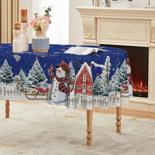 Miniatura 17 de Horaldaily Mantel de Navidad rectangular de 52 x 70 pulgadas, casa de muñeco de nieve de invierno, árboles de Navidad, color negro, lavable