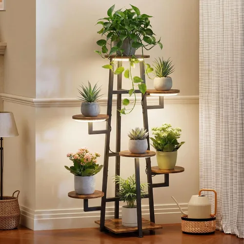 Miniatura 9 de Soporte para plantas de 7 niveles para interiores con luz de cultivo para múltiples plantas Corner Flower Stand, Vintage Multi-Layer Design