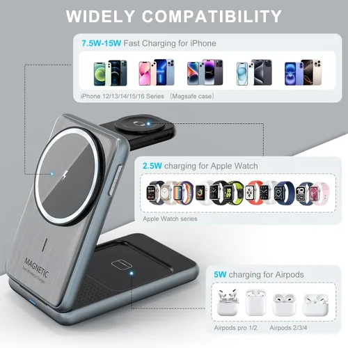 Miniatura 4 de Estación de carga inalámbrica para iPhone: Xpencifan Travel 3 en 1 Cargador Soporte Múltiples Dispositivos para Apple Watch Ultra SE 9 8 7 6 5 4 3 2