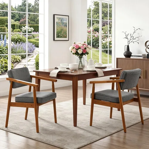 Miniatura 12 de LSSPAID Juego de 1 silla de comedor de mediados de siglo, sillón tapizado en tela de lino beige con reposabrazos de madera, respaldo cómodo, silla