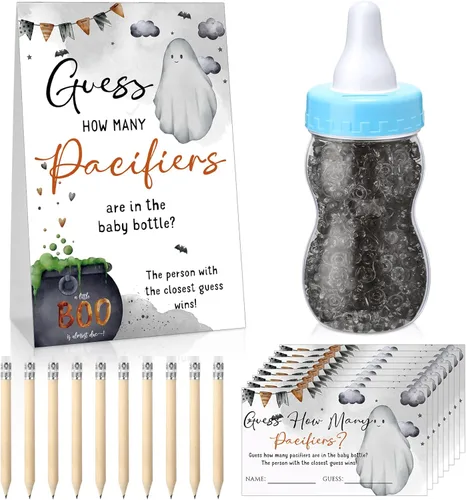 Miniatura 20 de Roowest 512 piezas de juegos de baby shower Adivina cuántos chupetes letrero, 100 pequeños juegos de adivinanzas, 10 lápices HB, botella de leche