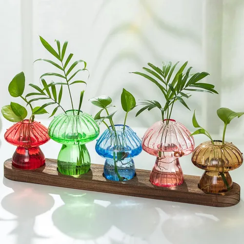 Miniatura 10 de Hewory Estaciones de propagación de vidrio para plantas: jarrones de hongos ámbar con soporte de madera para decoración del hogar - Jarrones
