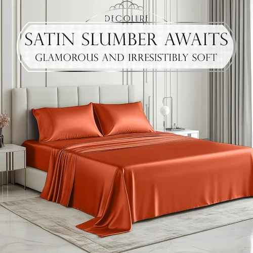 Miniatura 84 de DECOLURE Sábanas de satén – Juego de ropa de cama de lujo sedoso tamaño matrimonial de 6 piezas, más suave que la seda, sin arrugas con sábana