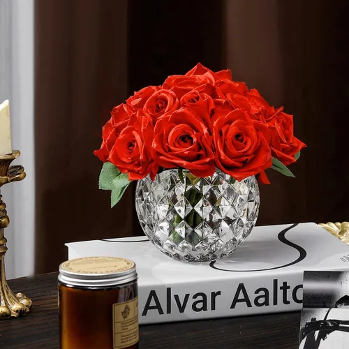 18 rosas rojas artificiales en jarrón, rosa falsa con jarrón para mesa de comedor, dormitorio, decoración de boda (rojo)