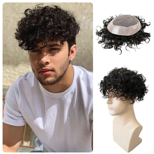 Lordhair Mens Weave 6 * 8 "unidad de cabello humano negro 0.787 in rizado sistema de cabello para hombre con 1" PU recubierto perímetro toupee