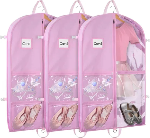 Miniatura 9 de Bolsas de ropa de baile negras de Zilink, bolsa de ropa de 40 pulgadas para competiciones de baile con 5 bolsillos transparentes con cremallera