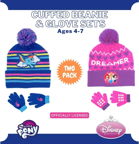 Miniatura 2 de Paquete de 2 sombreros de invierno para niños, guantes o mitones, My Little Pony y Princess Baby Beanie para niñas de 4 a 7 años, azulrosa, AzulRosa