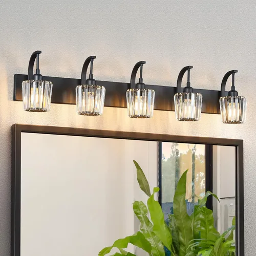 Miniatura 26 de Luces de tocador de cristal de 3 luces negras para tocador de baño, modernas lámparas de baño de cristal sobre espejo de 23.62 pulgadas de largo