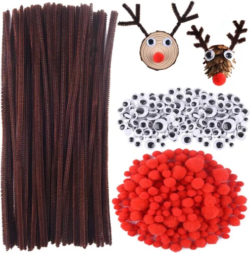 CHRORINE Juego de 830 limpiapipas para manualidades, limpiadores de tuberías marrones, ojos salteados, pompones rojos para manualidades de renos de
