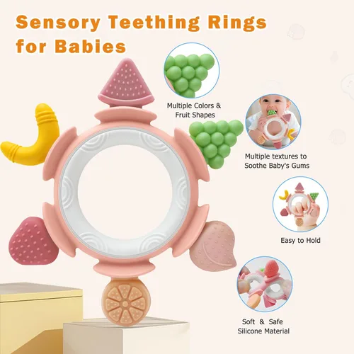 Miniatura 3 de Juguetes de dentición para bebés de 3 a 12 meses, anillos de dentición de silicona para bebés, mordedor infantil para aliviar el dolor de encías